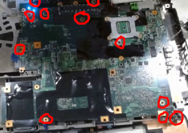 Location of screws on the motherboard